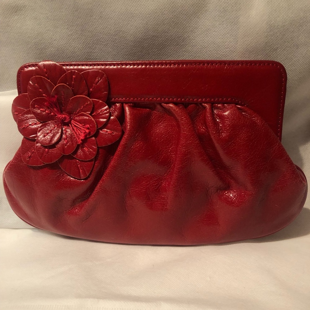 Beautiful Anne Fontaine Red Leather Clutch with floral embellishment